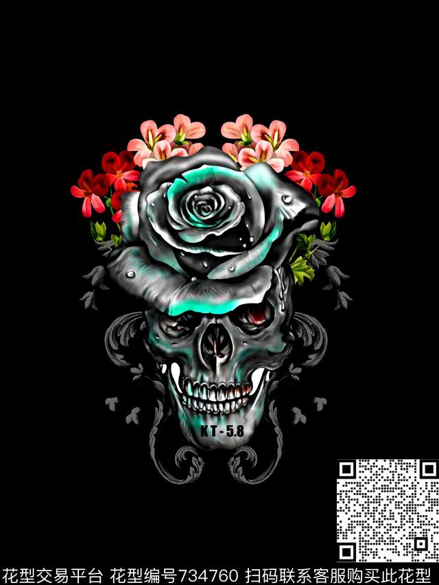 骷髅头花卉男装T恤华亿平台数码印花华亿平台下载（图片编号: 734760） - 瓦栏（Walan）