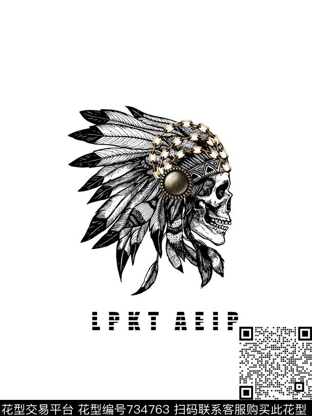 骷髅头部落羽毛头饰男装T恤华亿平台数码印花华亿平台下载（图片编号: 734763） - 瓦栏（Walan）