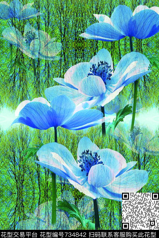 花朵花卉蓝色数码印花华亿平台下载（图片编号: 734842） - 瓦栏（Walan）