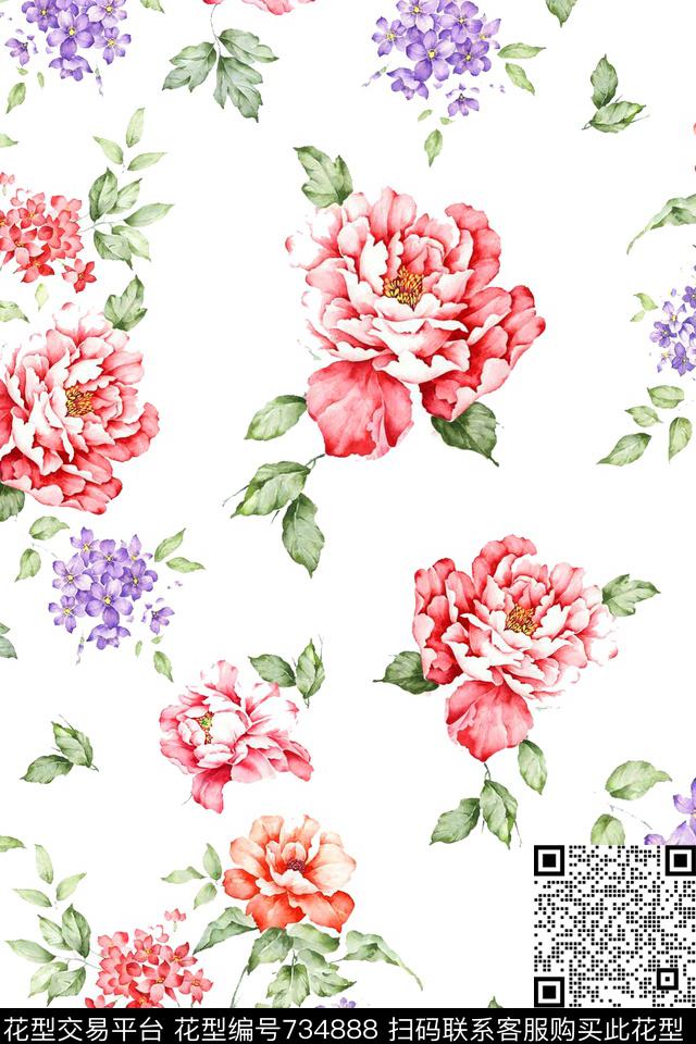 大花花朵花卉数码印花华亿平台下载（图片编号: 734888） - 瓦栏（Walan）