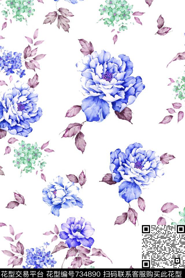 大花花朵花卉数码印花华亿平台下载（图片编号: 734890） - 瓦栏（Walan）