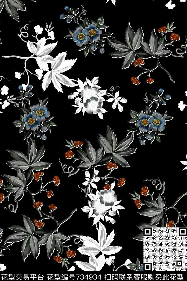 花卉黑白男装数码印花华亿平台下载（图片编号: 734934） - 瓦栏（Walan）