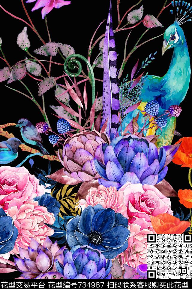 花卉孔雀手绘数码印花华亿平台下载（图片编号: 734987） - 瓦栏（Walan）