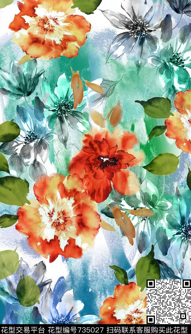 大花花朵花卉数码印花华亿平台下载（图片编号: 735027） - 瓦栏（Walan）
