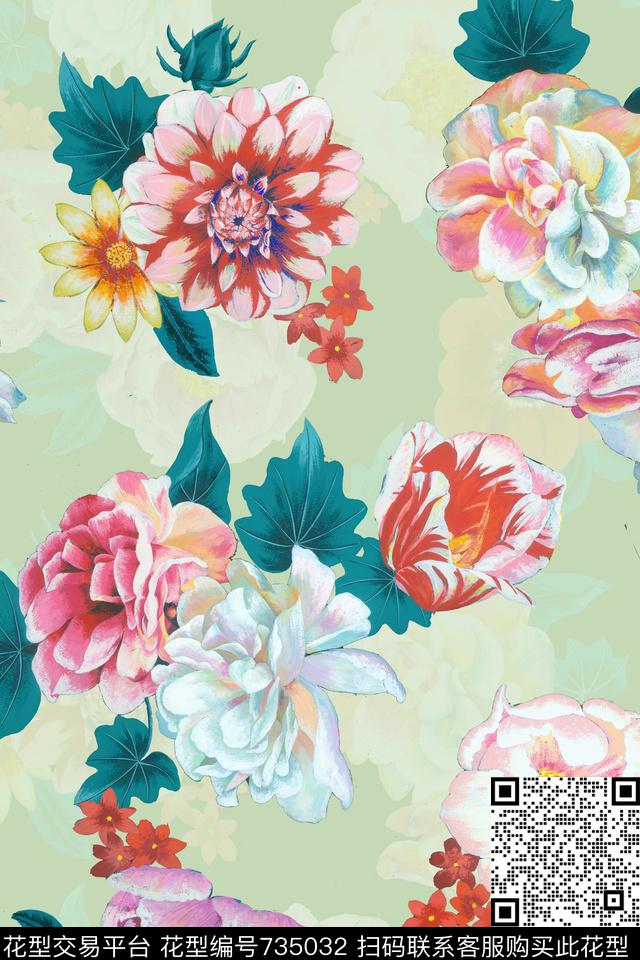 写实花卉水彩数码印花华亿平台下载（图片编号: 735032） - 瓦栏（Walan）