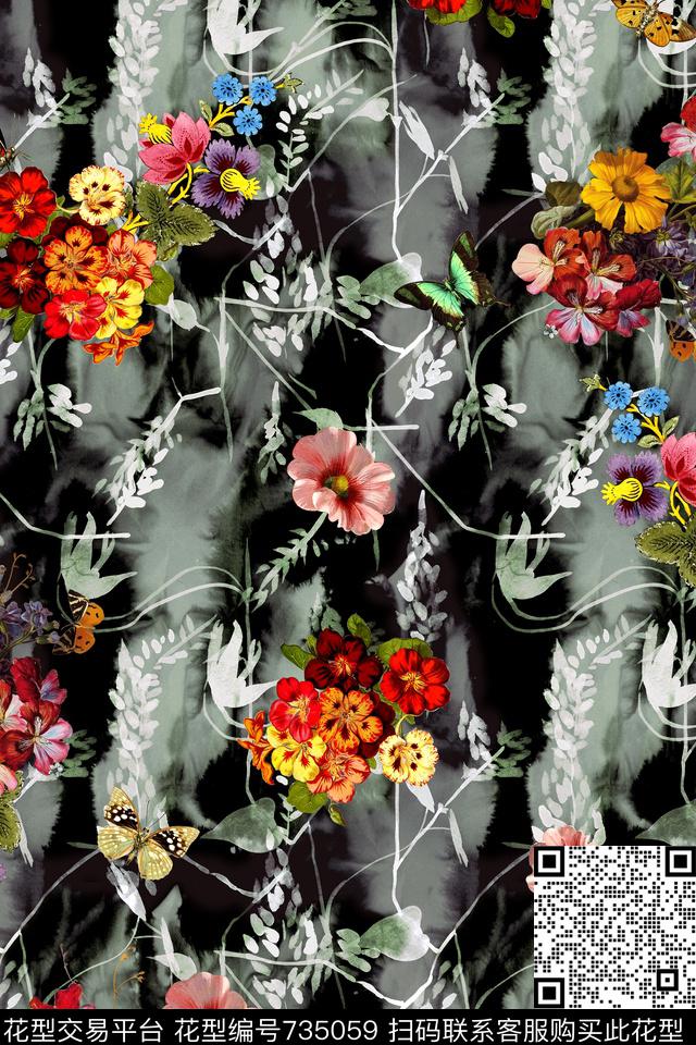 时尚手绘花卉数码印花华亿平台下载（图片编号: 735059） - 瓦栏（Walan）