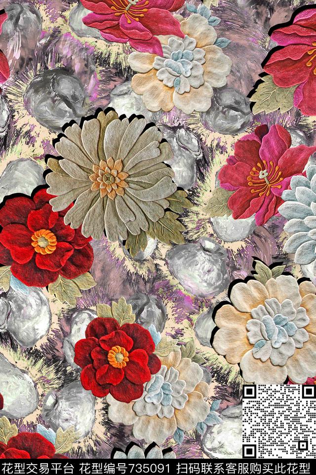 流行时尚花卉绣花数码印花华亿平台下载（图片编号: 735091） - 瓦栏（Walan）