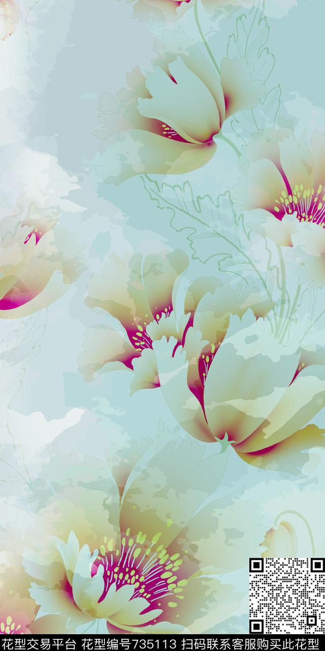 数码花卉类大花花卉数码印花华亿平台下载（图片编号: 735113） - 瓦栏（Walan）