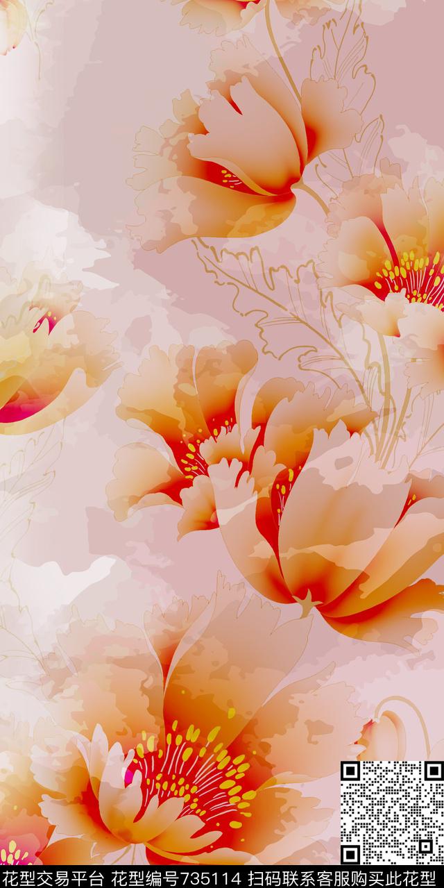数码花卉类大花花卉数码印花华亿平台下载（图片编号: 735114） - 瓦栏（Walan）
