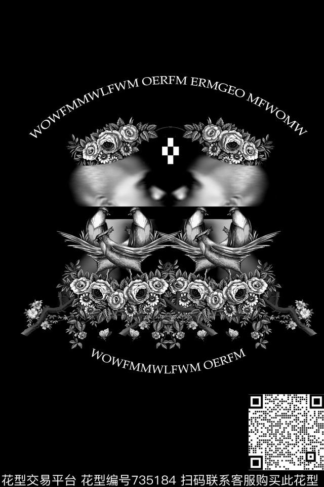 黑白花卉男人数码印花华亿平台下载（图片编号: 735184） - 瓦栏（Walan）