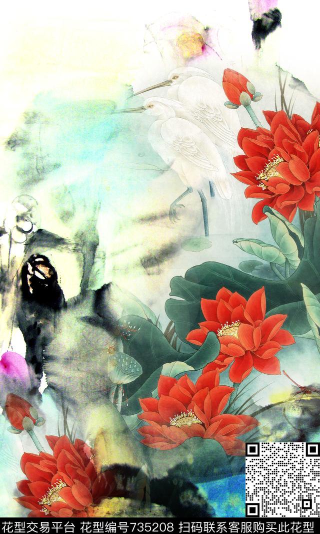 墨迹荷花水墨画数码印花华亿平台下载（图片编号: 735208） - 瓦栏（Walan）