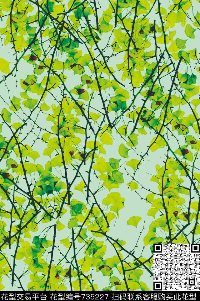 意境清爽银杏叶数码印花华亿平台下载（图片编号: 735227） - 瓦栏（Walan）