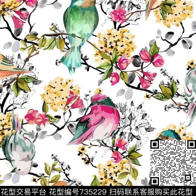 鸟花卉中国风数码印花华亿平台下载（图片编号: 735229） - 瓦栏（Walan）