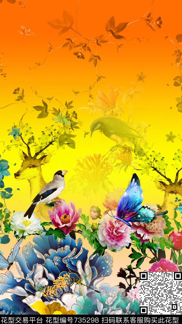 鹿花卉蝴蝶数码印花华亿平台下载（图片编号: 735298） - 瓦栏（Walan）