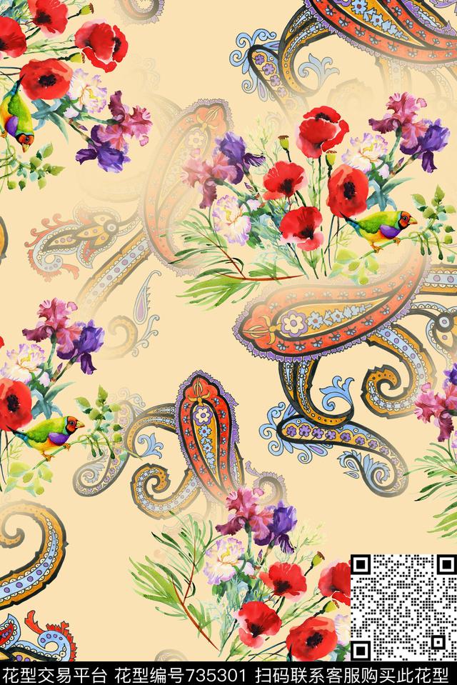 手绘罂粟花佩斯利数码印花华亿平台下载（图片编号: 735301） - 瓦栏（Walan）