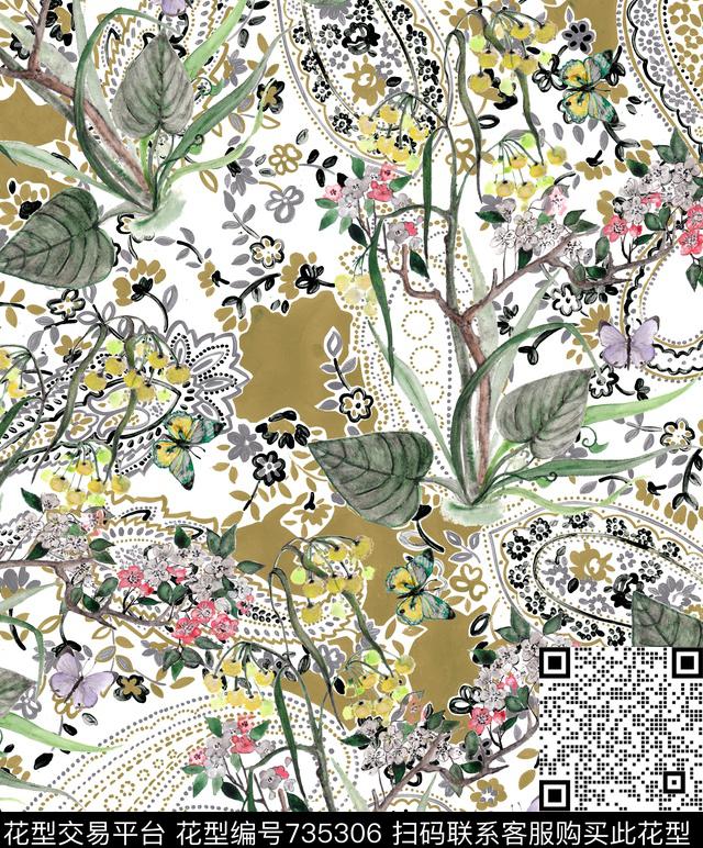 手绘花草植物数码印花华亿平台下载（图片编号: 735306） - 瓦栏（Walan）