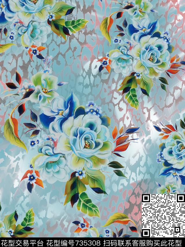 天蓝湖蓝豹纹数码印花华亿平台下载（图片编号: 735308） - 瓦栏（Walan）