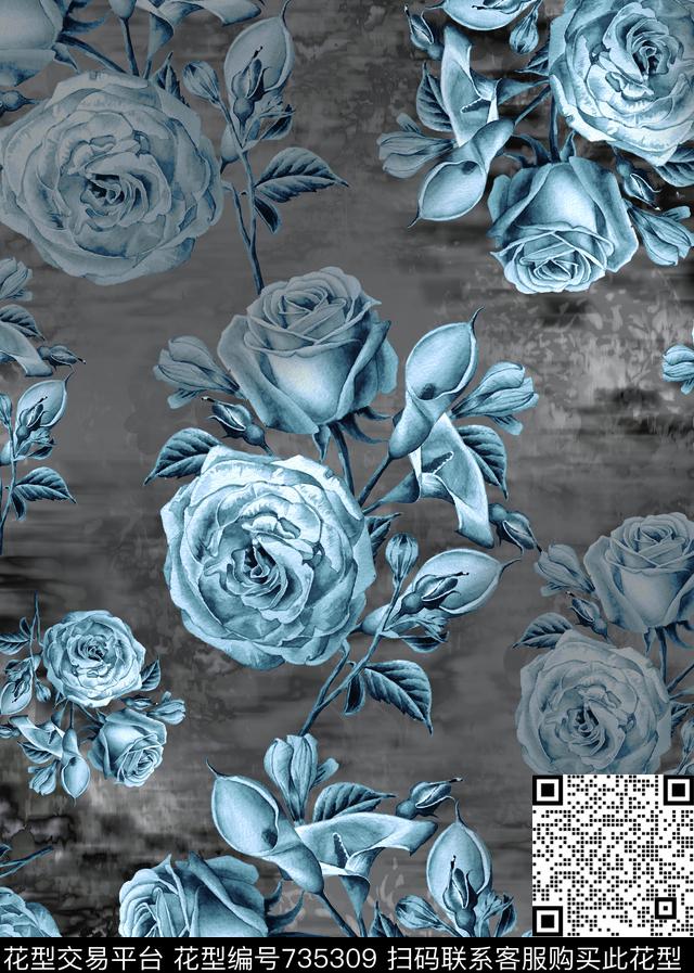 复古手绘玫瑰数码印花华亿平台下载（图片编号: 735309） - 瓦栏（Walan）