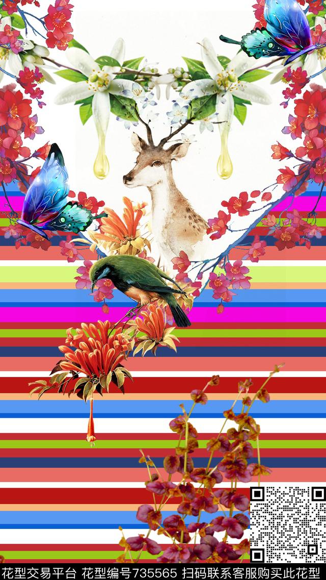 花鸟流行时尚女装条子数码印花华亿平台下载（图片编号: 735565） - 瓦栏（Walan）