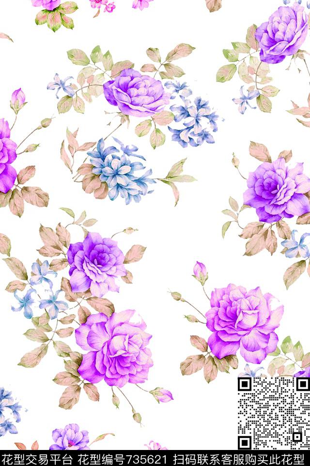 大花花卉花朵数码印花华亿平台下载（图片编号: 735621） - 瓦栏（Walan）