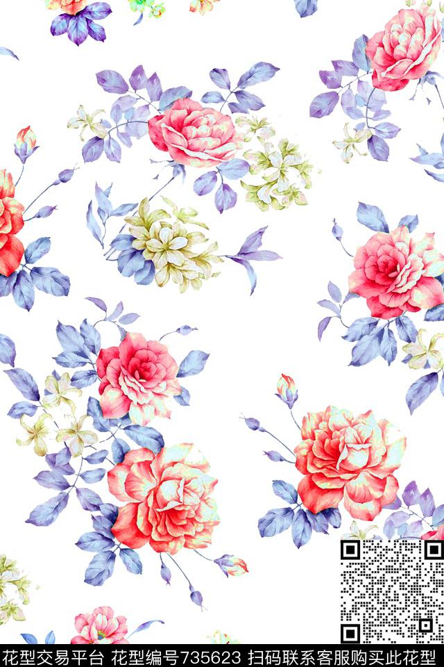 大花花卉花朵数码印花华亿平台下载（图片编号: 735623） - 瓦栏（Walan）
