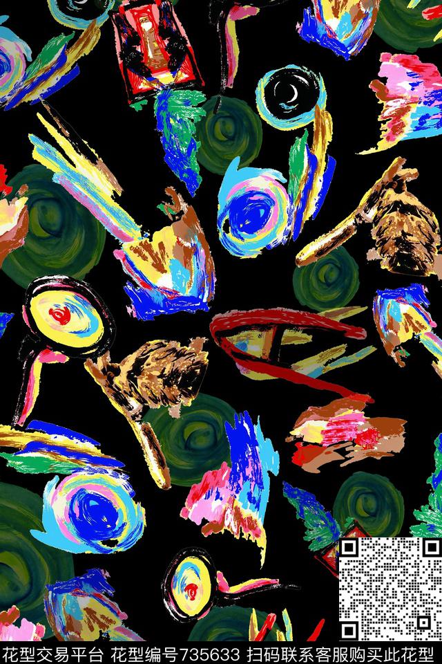 抽象油画笔触涂鸦数码印花华亿平台下载（图片编号: 735633） - 瓦栏（Walan）