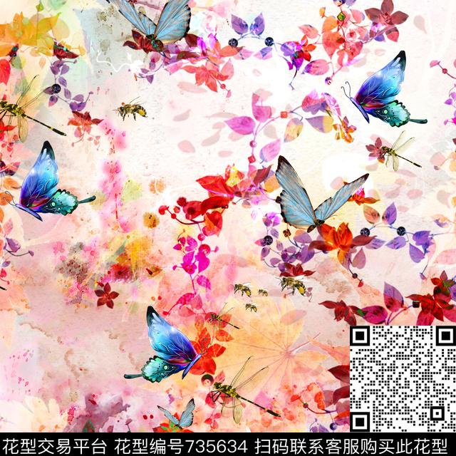 花鸟花卉蝴蝶数码印花华亿平台下载（图片编号: 735634） - 瓦栏（Walan）
