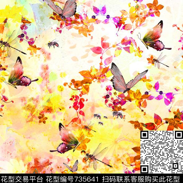 花鸟花卉蝴蝶数码印花华亿平台下载（图片编号: 735641） - 瓦栏（Walan）