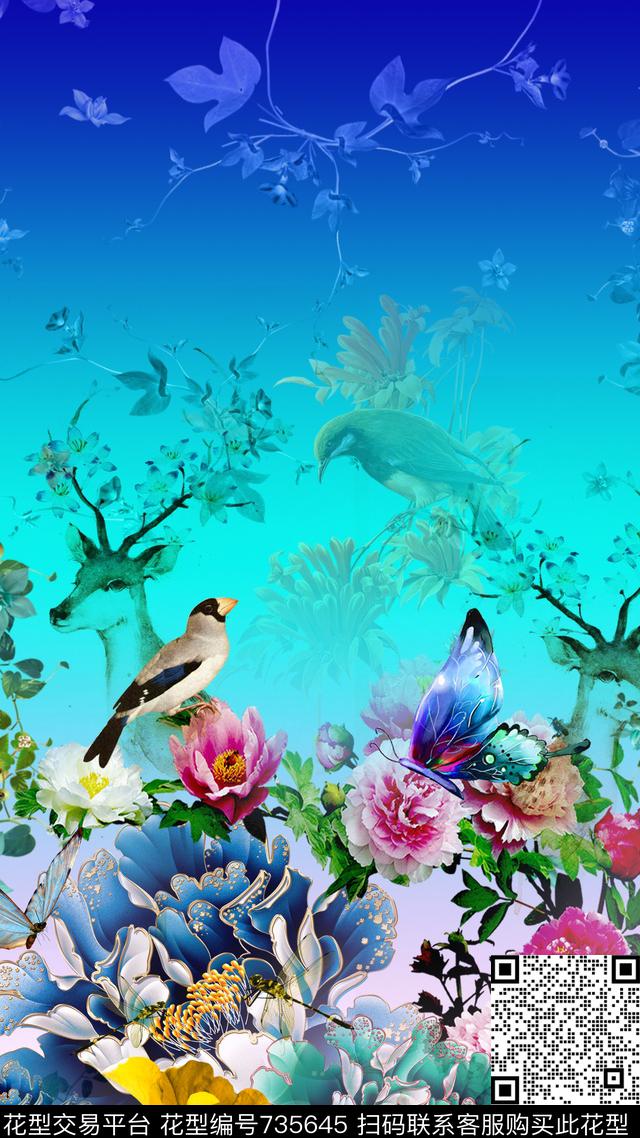 鹿花卉蝴蝶数码印花华亿平台下载（图片编号: 735645） - 瓦栏（Walan）