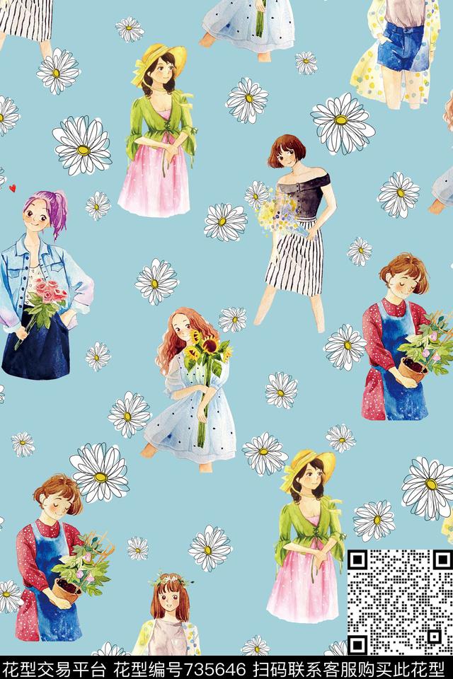 花卉雏菊人物数码印花华亿平台下载（图片编号: 735646） - 瓦栏（Walan）