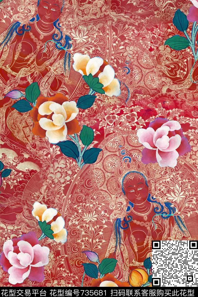 民族风花卉佛像数码印花华亿平台下载（图片编号: 735681） - 瓦栏（Walan）