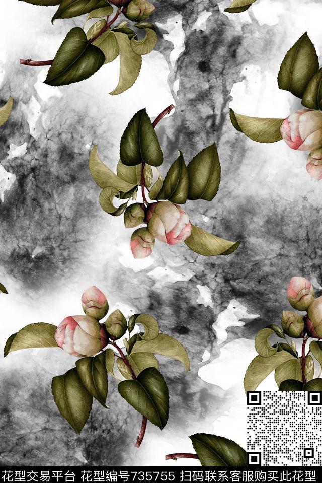 散花玫瑰花朵数码印花华亿平台下载（图片编号: 735755） - 瓦栏（Walan）