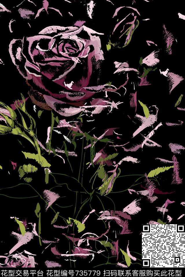 抽象画手绘花卉散花传统印花华亿平台下载（图片编号: 735779） - 瓦栏（Walan）