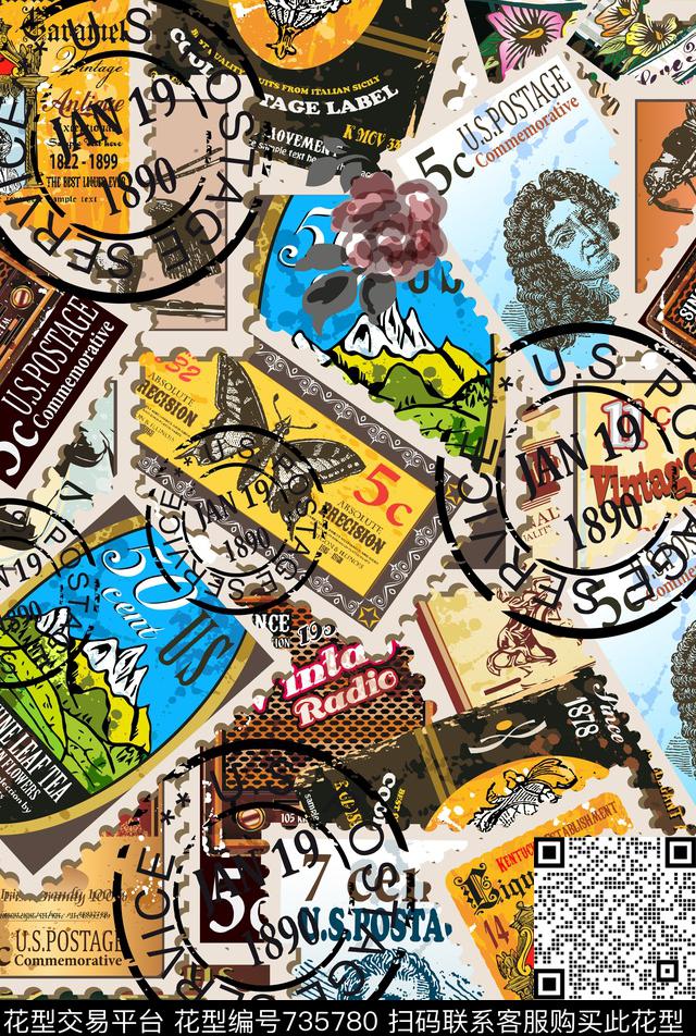 邮票背景蝴蝶人头像数码印花华亿平台下载（图片编号: 735780） - 瓦栏（Walan）