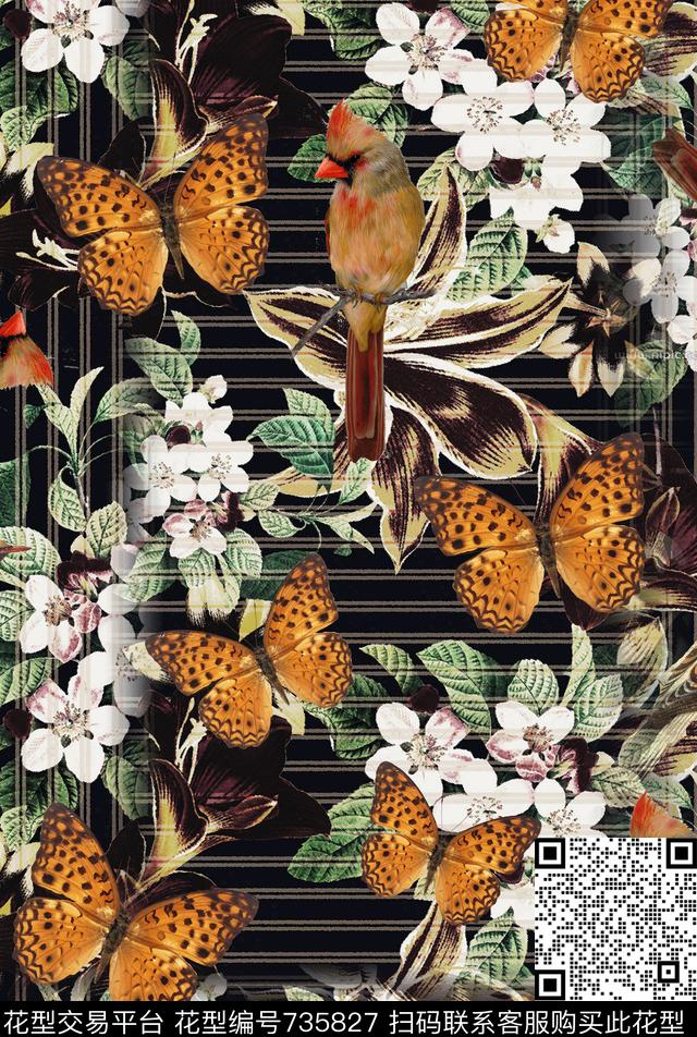 手绘花纹花鸟图鸟数码印花华亿平台下载（图片编号: 735827） - 瓦栏（Walan）