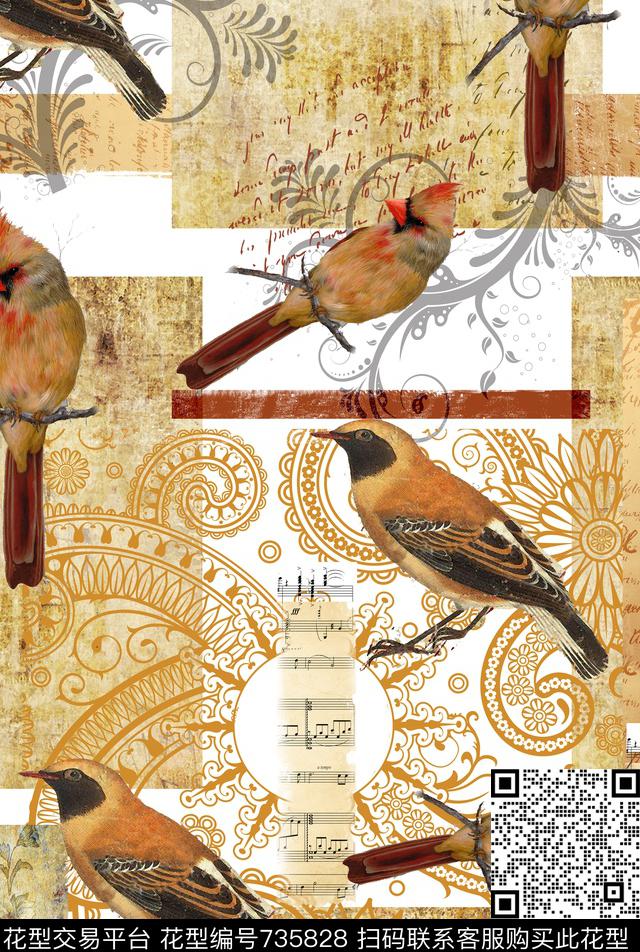 花鸟图音谱鸟数码印花华亿平台下载（图片编号: 735828） - 瓦栏（Walan）