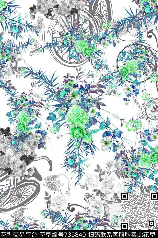 手绘花卉青花瓷数码印花华亿平台下载（图片编号: 735840） - 瓦栏（Walan）