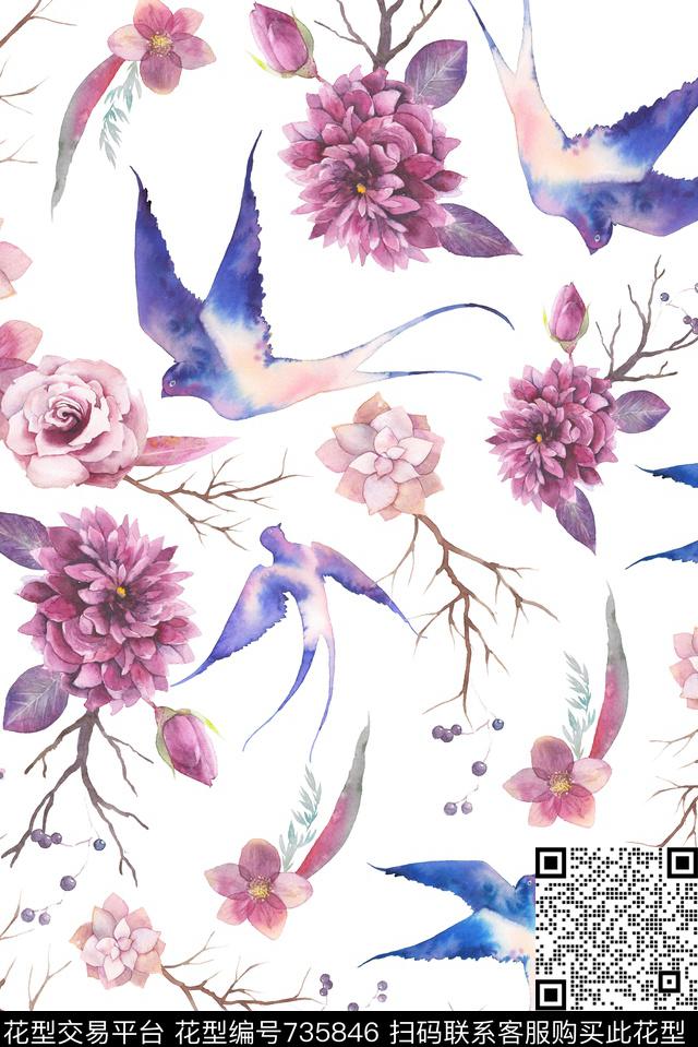 手绘花卉鸟类数码印花华亿平台下载（图片编号: 735846） - 瓦栏（Walan）