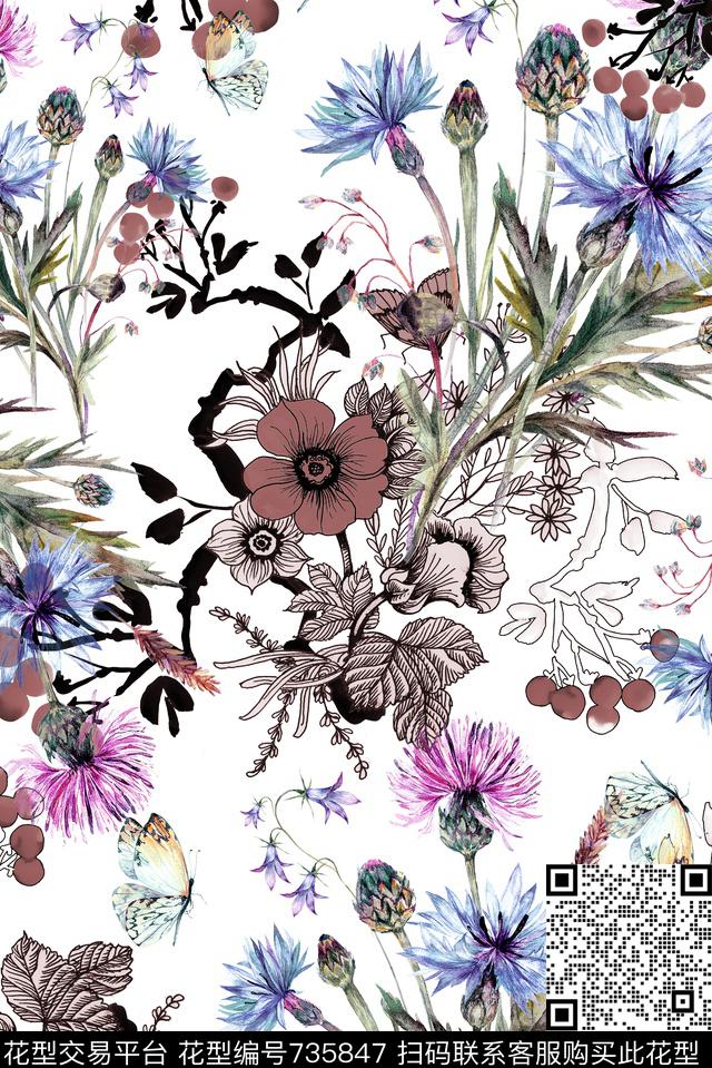 手绘花卉蝴蝶数码印花华亿平台下载（图片编号: 735847） - 瓦栏（Walan）