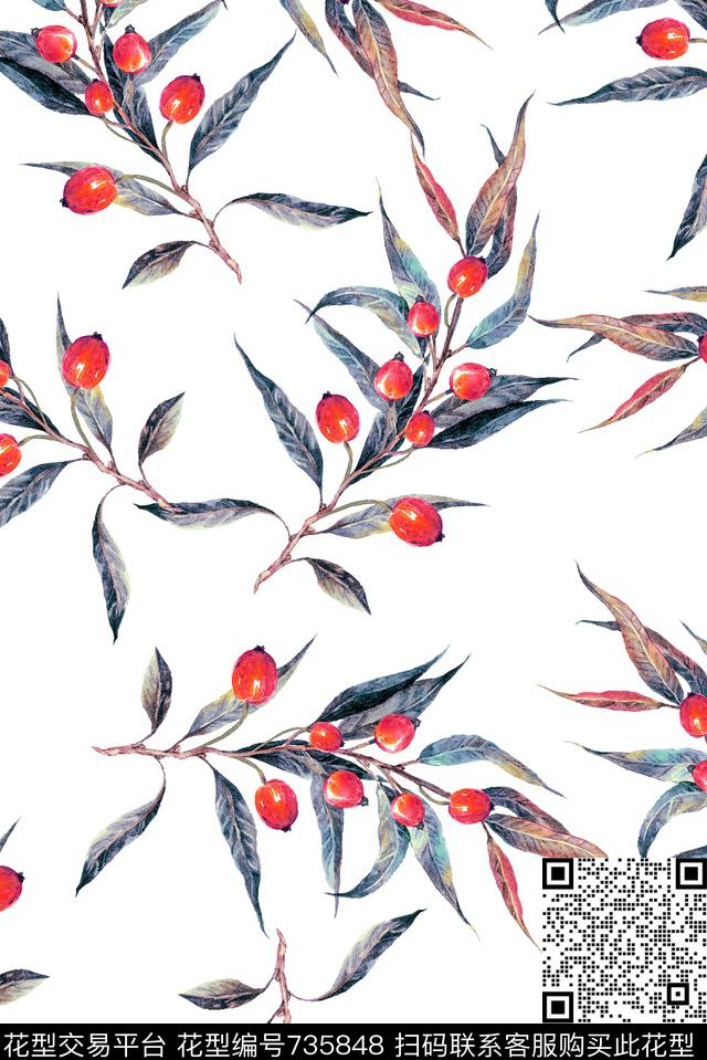 手绘枝条浆果数码印花华亿平台下载（图片编号: 735848） - 瓦栏（Walan）