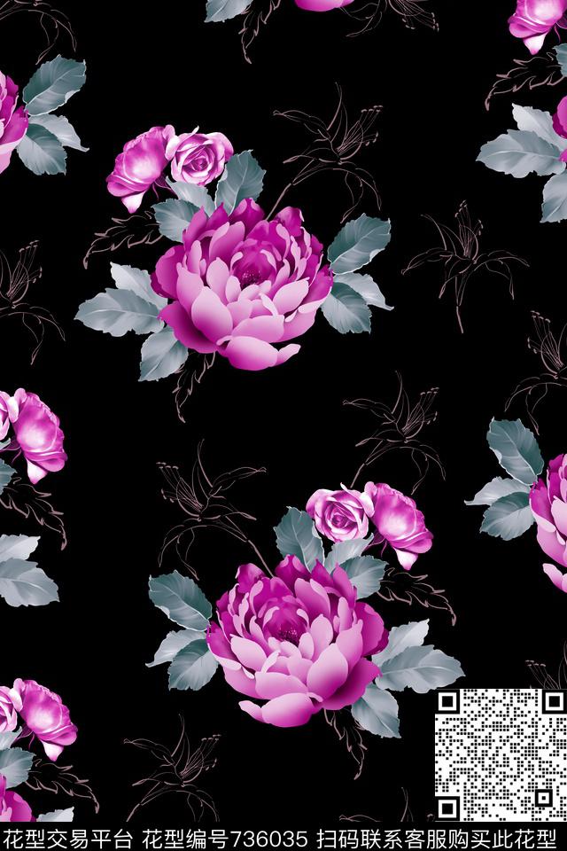 大花花朵花卉数码印花华亿平台下载（图片编号: 736035） - 瓦栏（Walan）
