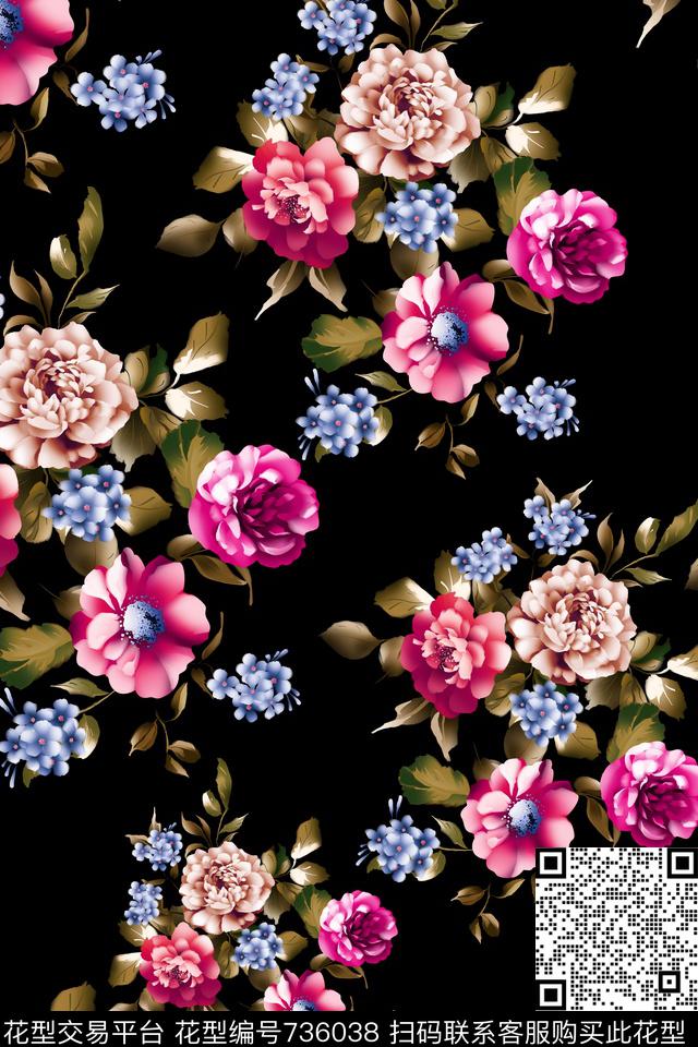 大花花朵花卉数码印花华亿平台下载（图片编号: 736038） - 瓦栏（Walan）