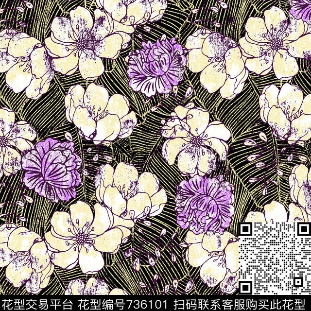 植物线条桃花传统印花华亿平台下载（图片编号: 736101） - 瓦栏（Walan）