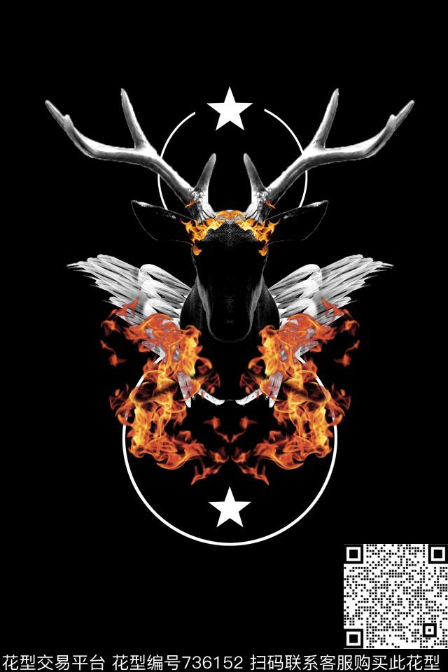 抽象动物鹿翅膀数码印花华亿平台下载（图片编号: 736152） - 瓦栏（Walan）