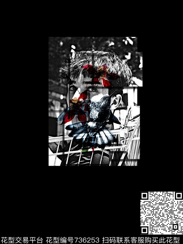 抽象手绘人物动物鸟花卉数码印花时尚潮流男装T恤外套定位纹理印花欧美复古大牌印花数码印花华亿平台下载（图片编号: 736253） - 瓦栏（Walan）