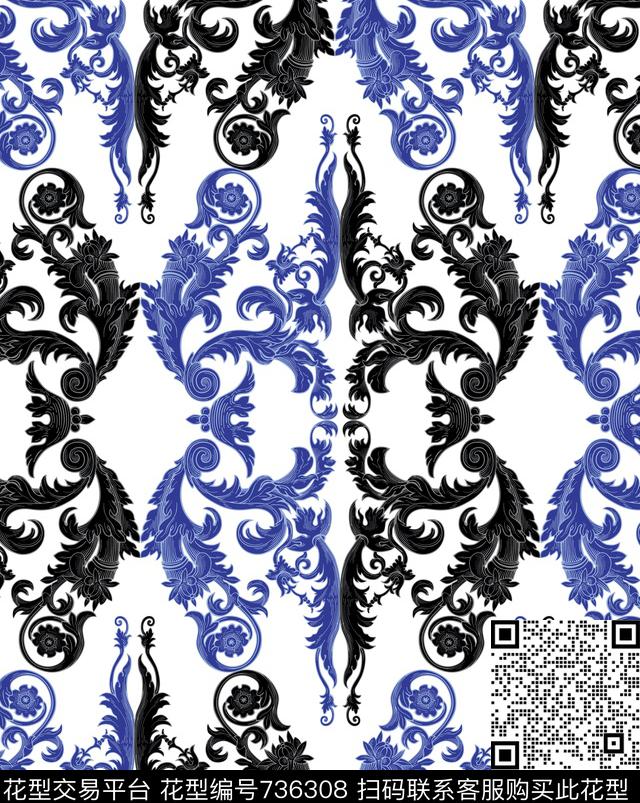 不定位丝巾女装家纺青花卷草传统印花华亿平台下载（图片编号: 736308） - 瓦栏（Walan）