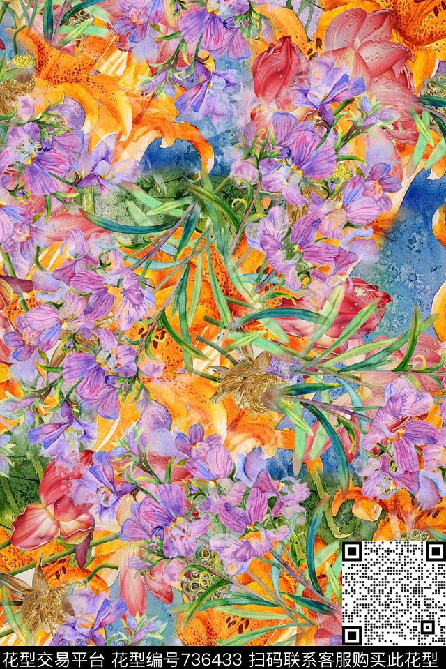 小碎花绿叶花卉数码印花华亿平台下载（图片编号: 736433） - 瓦栏（Walan）