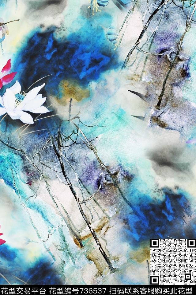 中国风泼墨荷花旗袍花数码印花华亿平台下载（图片编号: 736537） - 瓦栏（Walan）