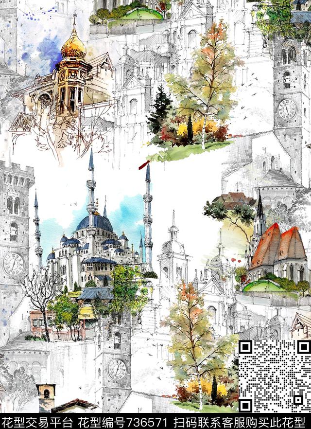 抽象树林建筑数码印花华亿平台下载（图片编号: 736571） - 瓦栏（Walan）