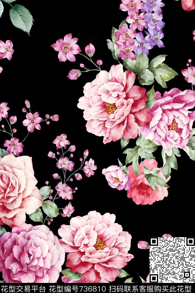 牡丹花朵花卉数码印花华亿平台下载（图片编号: 736810） - 瓦栏（Walan）